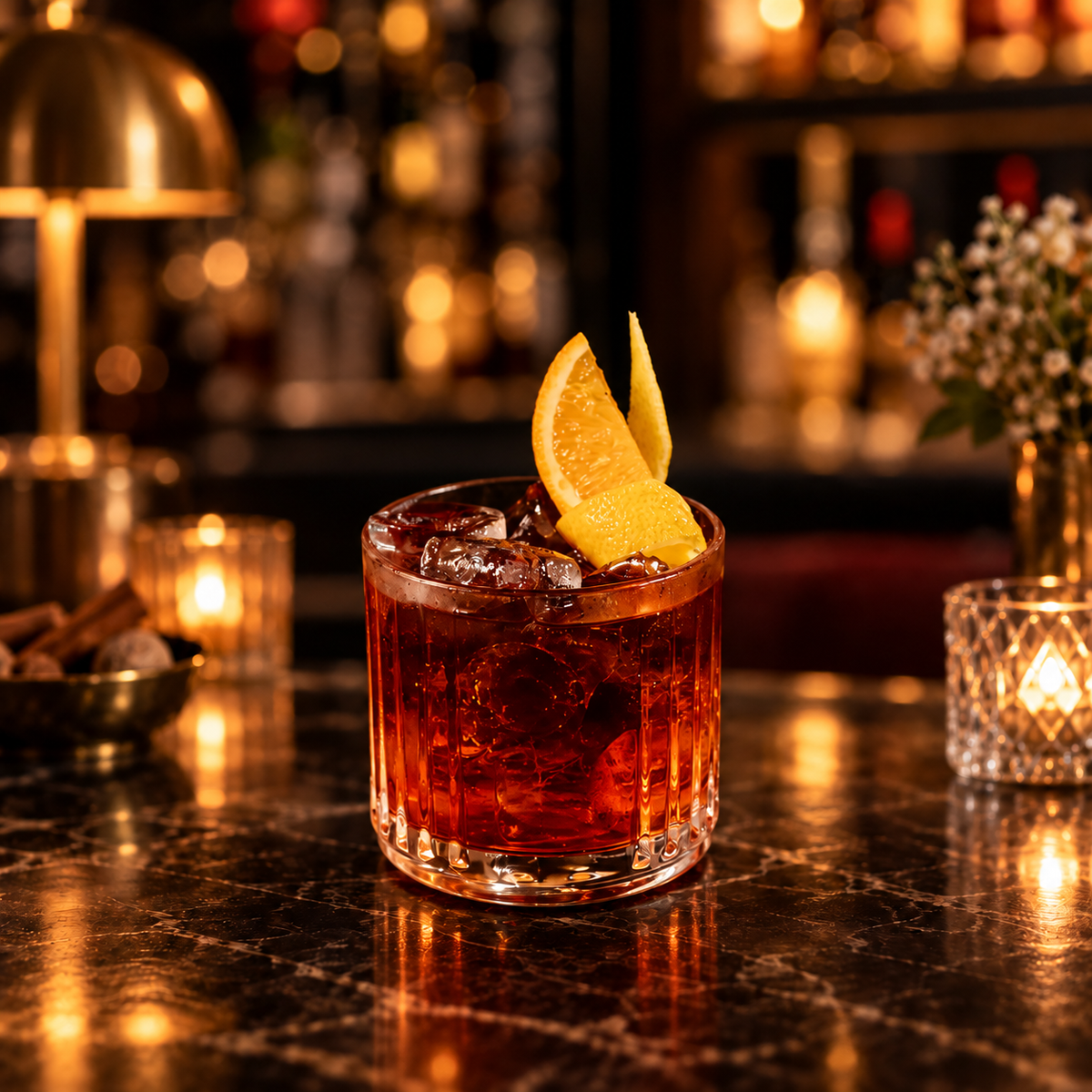 A lowball glass filled with an amber-brown cocktail and ice, garnished with two orange slices, set on a dark marble bar counter in a warmly lit bar environment.