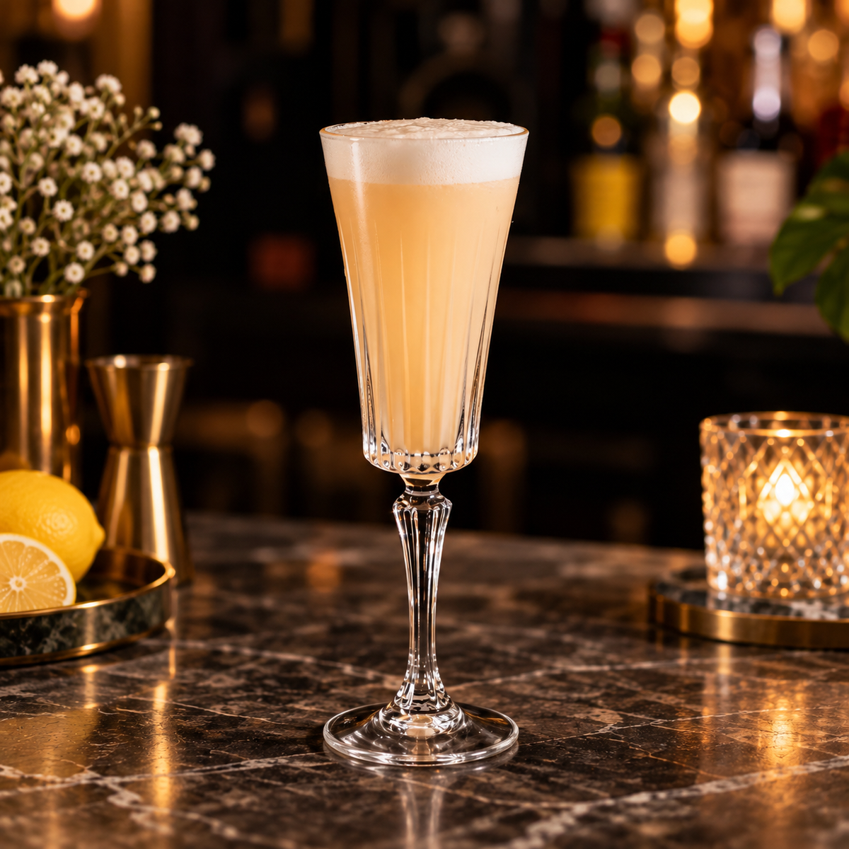 A clear stemmed cocktail glass filled with a frothy pale yellow drink, set on a dark marble bar counter with blurred bar decor in the background.