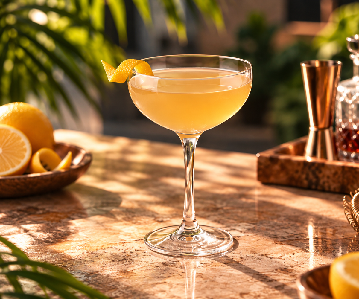A coupe glass filled with an amber cocktail sits on a sunlit stone bar surface, garnished with a curled lemon peel. Lemons and a jigger are blurred in the background with warm outdoor light and greenery around the scene.