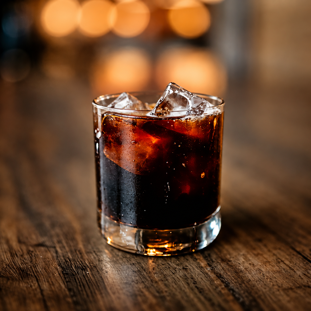 A clear rocks glass filled with a dark cola-like beverage and ice cubes, set on a wooden table with warm blurred lights in the background.