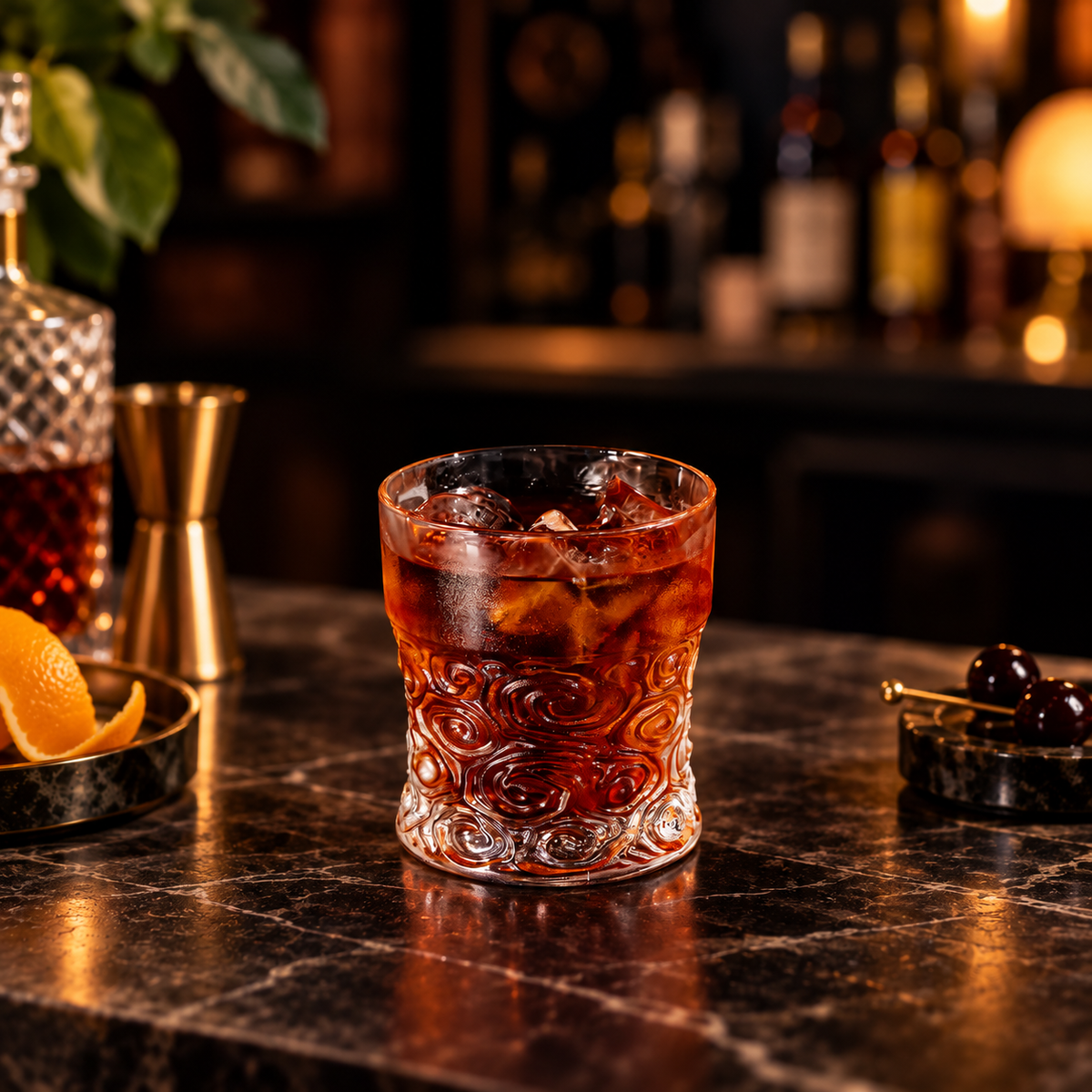 An amber-brown cocktail in an ornate clear tumbler with ice, set on a dark marble bar counter in a dimly lit bar environment with bottles and garnish visible in the background.