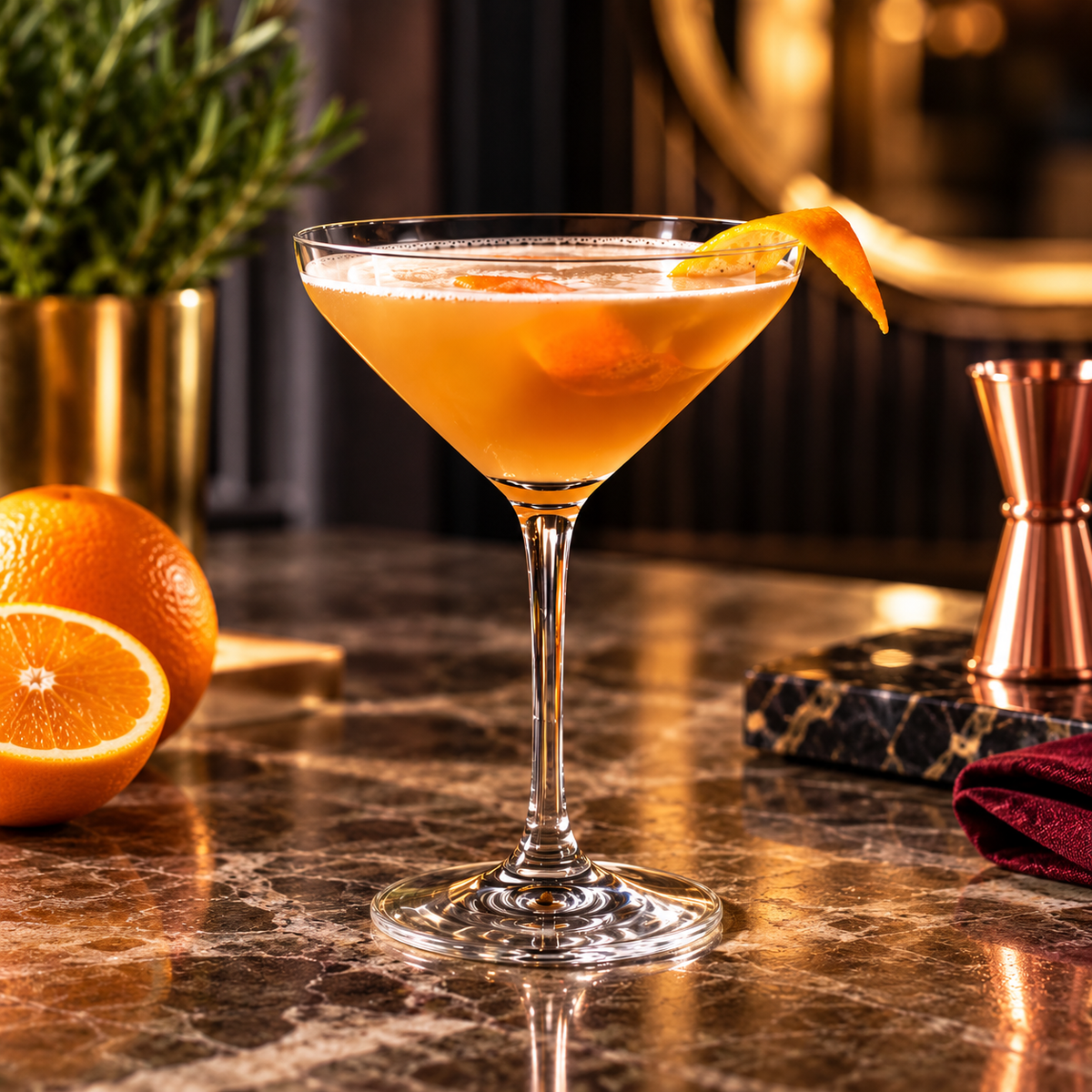 A martini cocktail in a coupe glass with an orange peel garnish, set on a polished bar counter with oranges, a jigger, and a dark marble block in a warm, dimly lit bar environment.