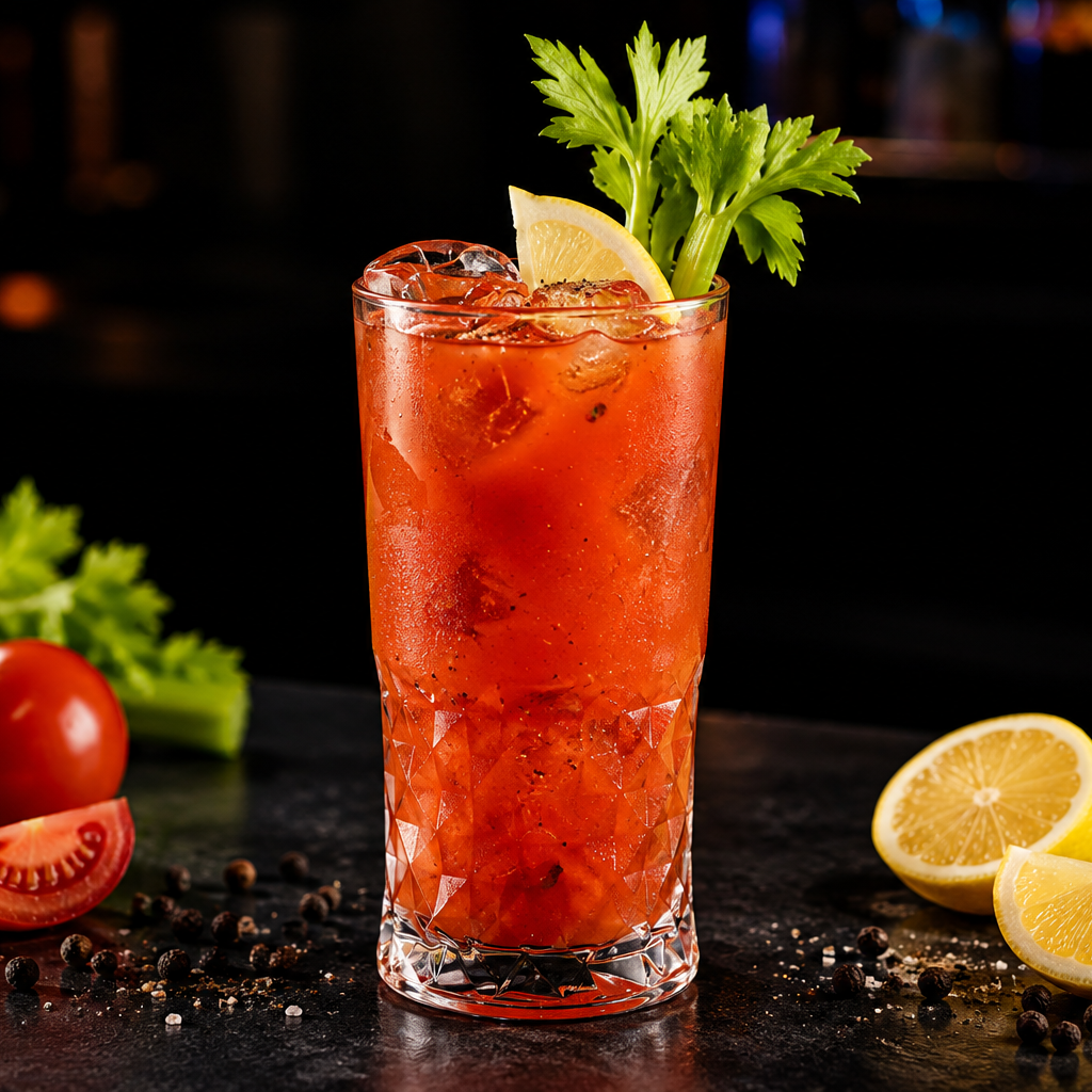 A tall glass of red cocktail with ice, garnished with a celery stalk and lemon wedge, set on a dark tabletop with tomatoes, parsley, and lemon slices around it.