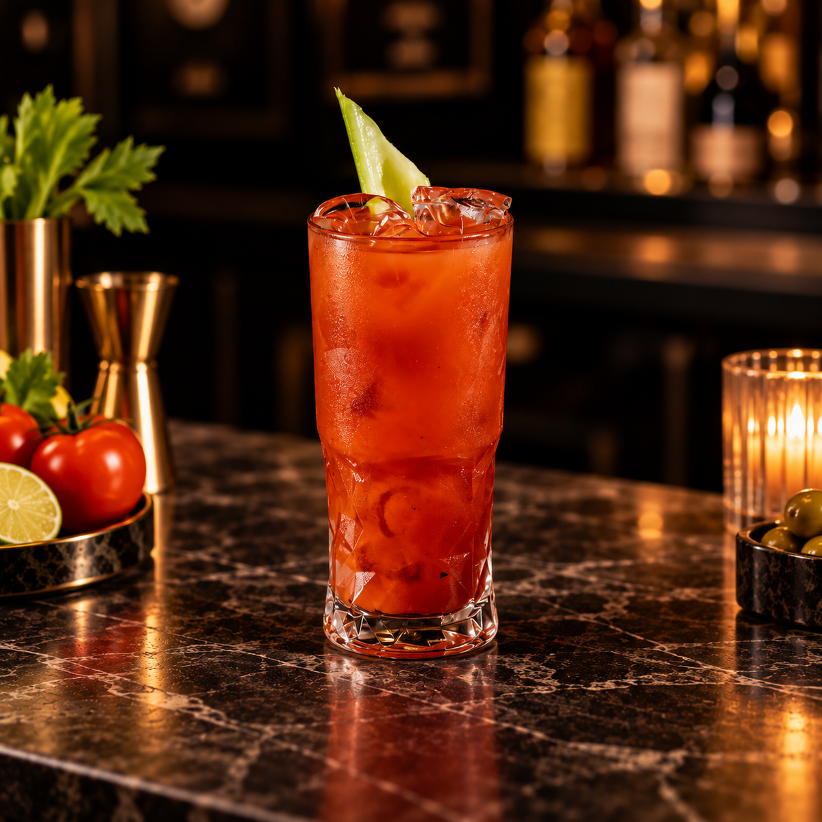 A tall glass of red cocktail with ice, a lime wedge, and a celery stalk, set on a dark marble bar counter with tomatoes, parsley, and a candle in a dimly lit bar background.