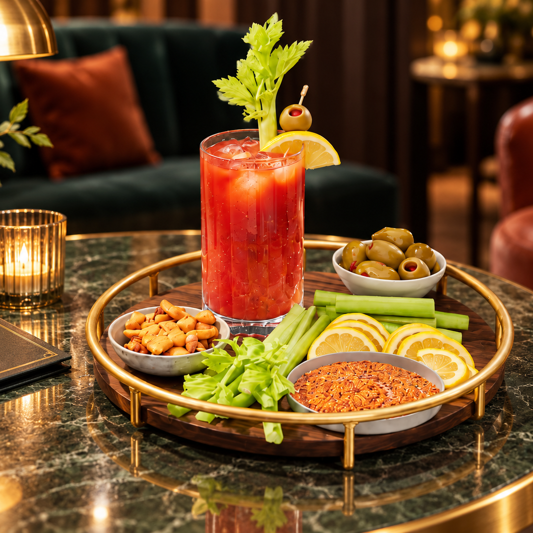 A styled cocktail and appetizers setup on a round green marble table in a lounge setting. The centerpiece is a red Bloody Mary cocktail in a clear glass with celery and a lemon wheel garnish, surrounded by a gold-trimmed tray holding celery sticks, sliced orange, a bowl of red seasoning, green olives, and peanuts.