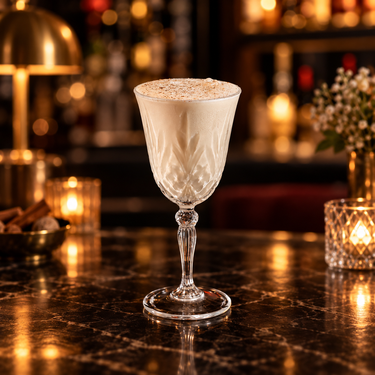 A clear stemmed coupe-style glass filled with a creamy off-white beverage and topped with a sprinkle of cinnamon, set on a dark marble bar counter in a warmly lit bar environment.
