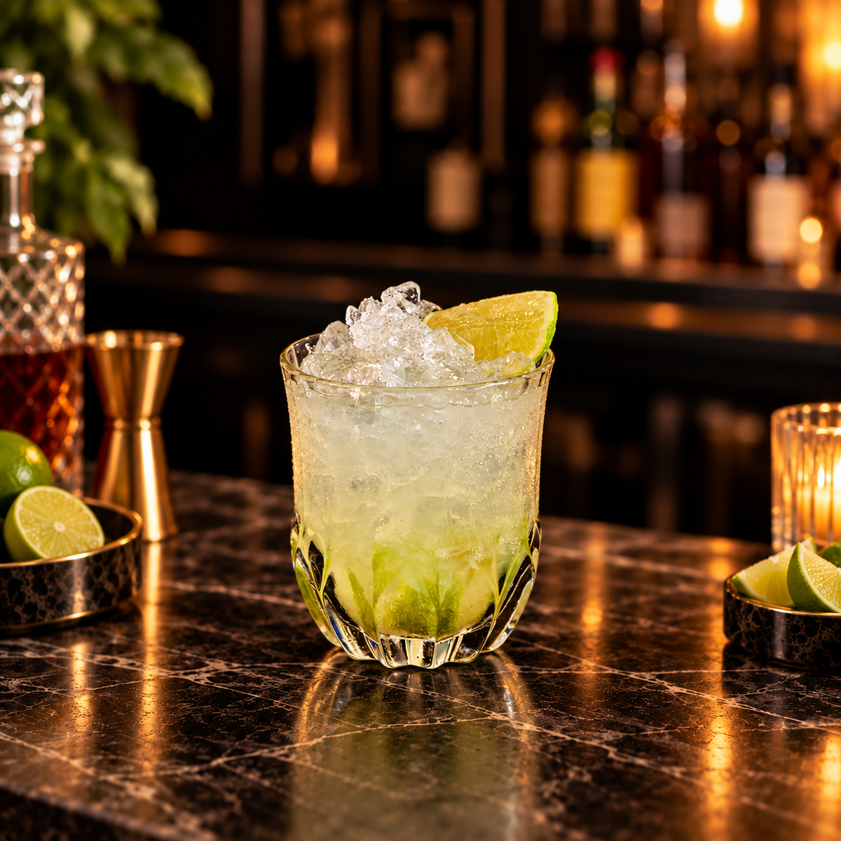 A clear cocktail glass filled with a pale icy drink and topped with crushed ice, garnished with a lime wedge, set on a dark marble bar counter with a blurred bar background.