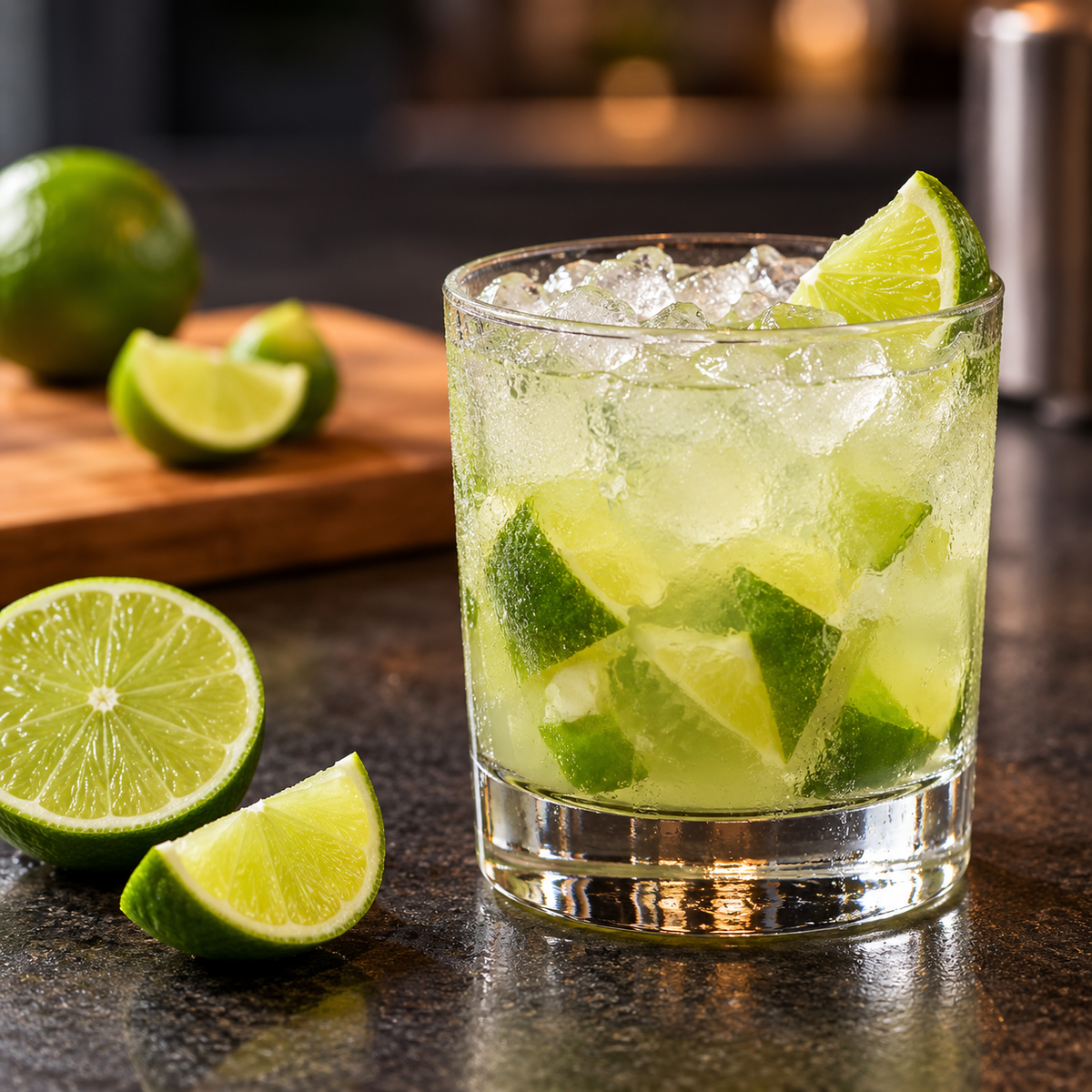 A clear lowball glass filled with ice and a pale yellow-green beverage, garnished with lime wedge slices, set on a dark countertop with limes and a wooden cutting board in the background.