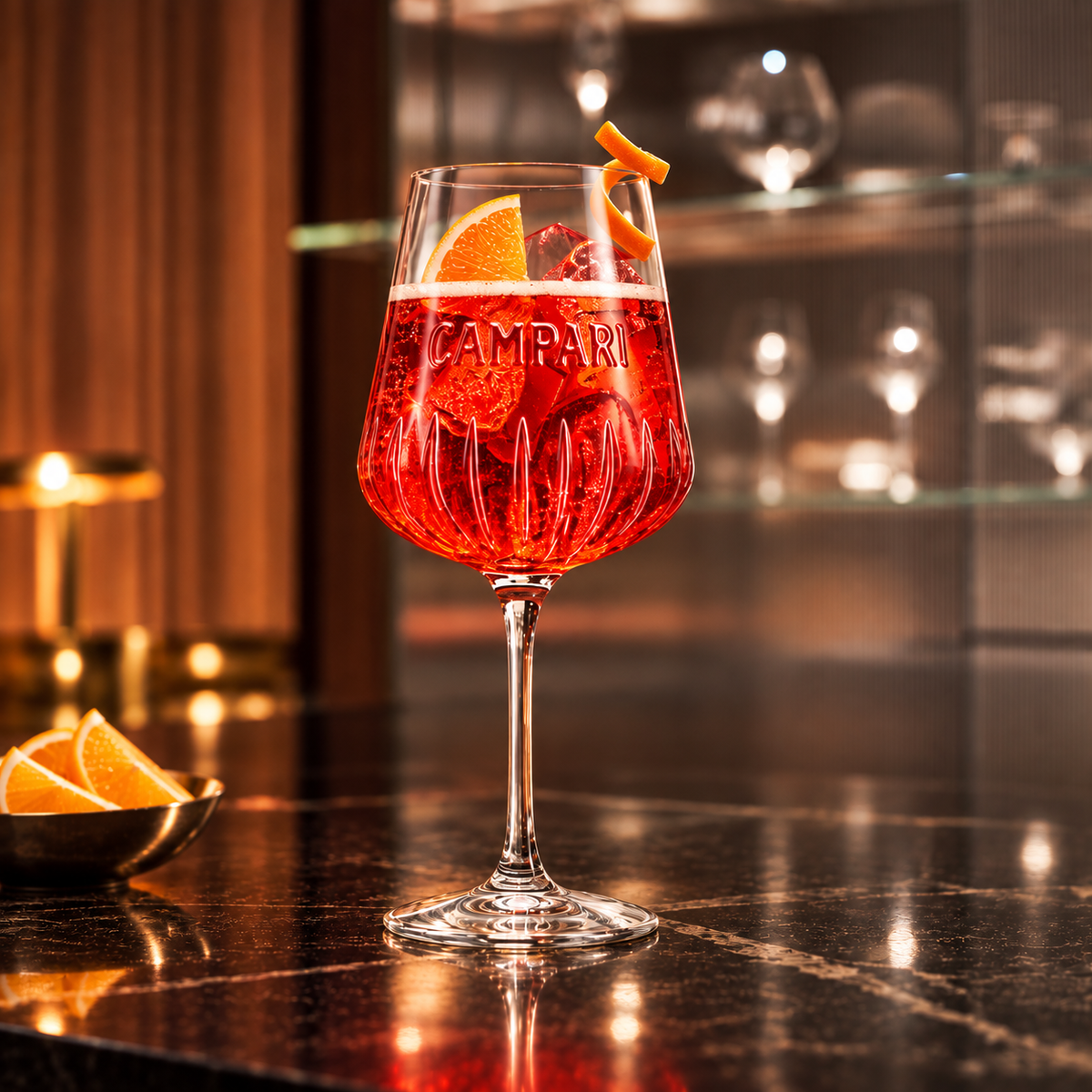 A red cocktail in a clear CAMPARI branded coupe glass, garnished with orange slices and a twist, set on a dark bar counter with a blurred bar interior in the background.