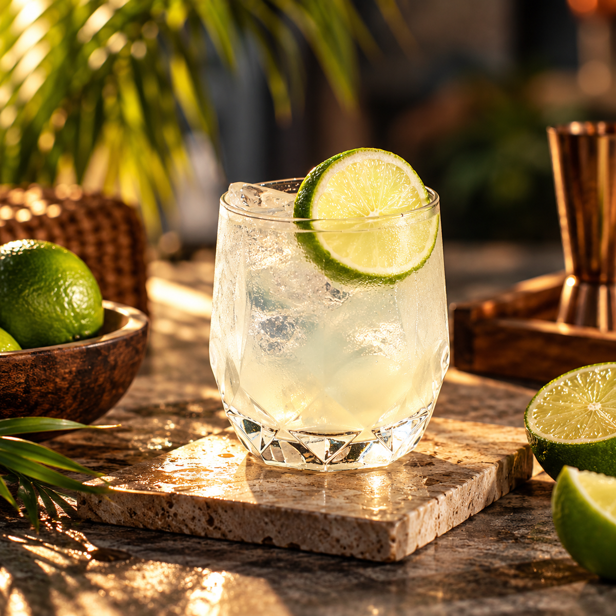 A clear lowball cocktail glass filled with ice and a pale yellow drink, garnished with a lime wheel, set on a stone coaster with limes and tropical foliage in the background.
