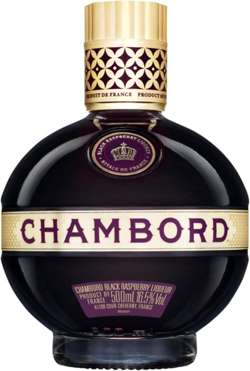 Chambord black raspberry liqueur bottle, 500ml, featuring a dark glass body with a gold and purple label and a gold cap.