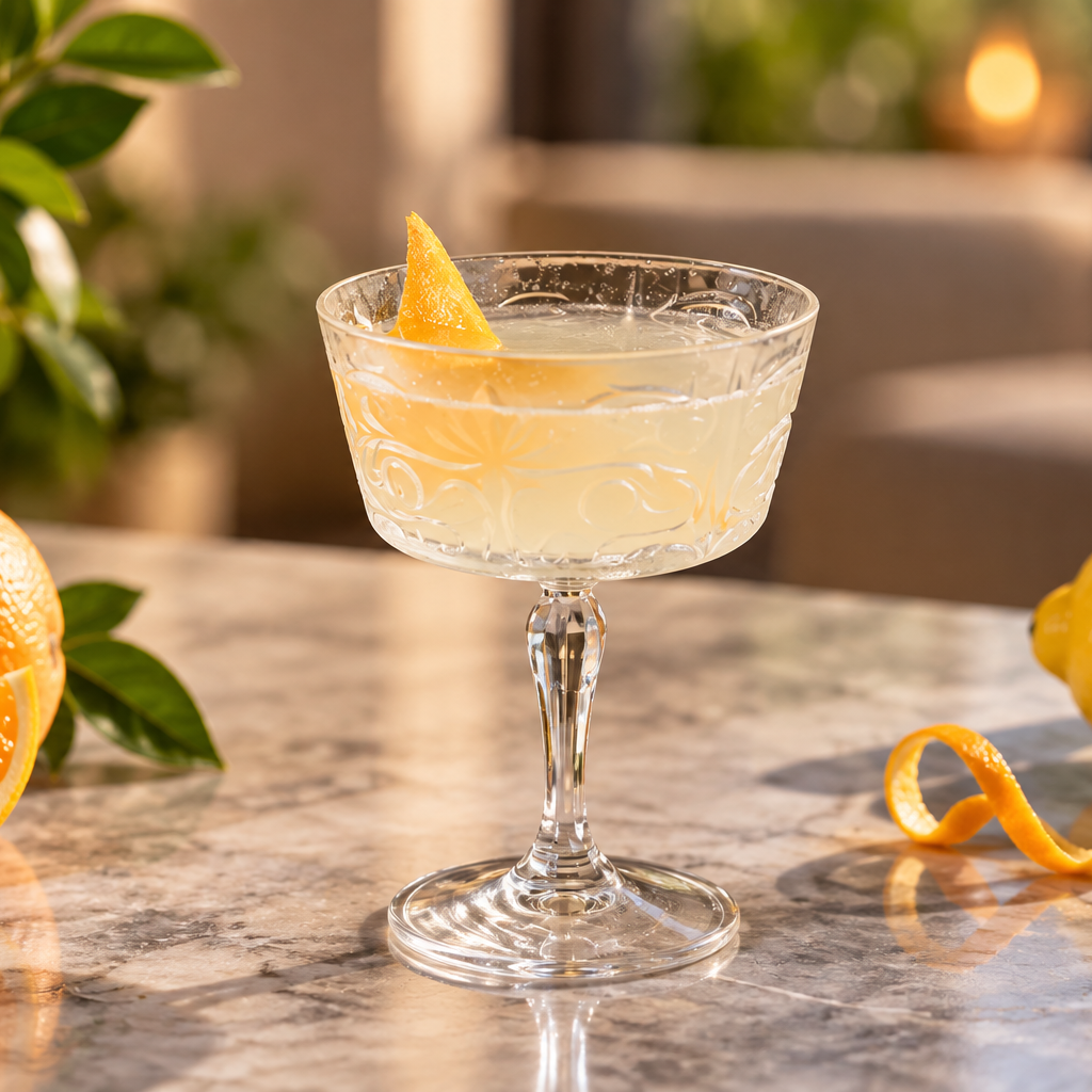 A clear stemmed coupe-style cocktail glass filled with a pale yellow drink and garnished with an orange peel, set on a marble countertop with whole oranges, a lemon, and a citrus peel around it. The background is softly blurred with indoor plants and warm lighting.