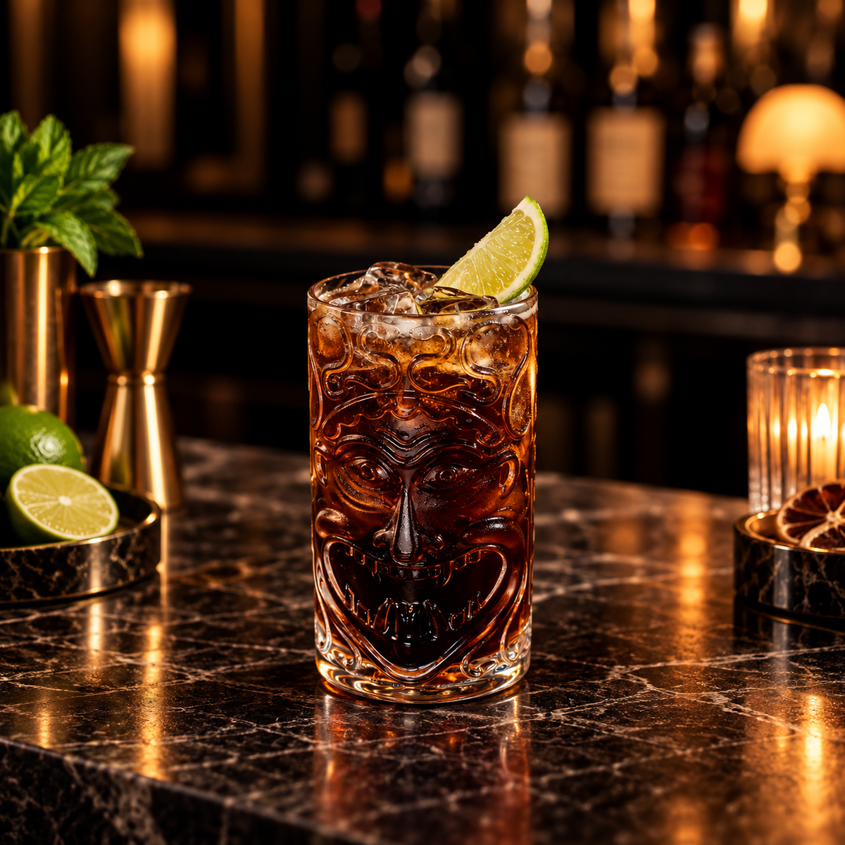 A clear textured cocktail glass with an embossed skull design, filled with an amber-brown iced drink and garnished with a lime wedge, set on a dark marble bar counter with warm bar lighting in the background.