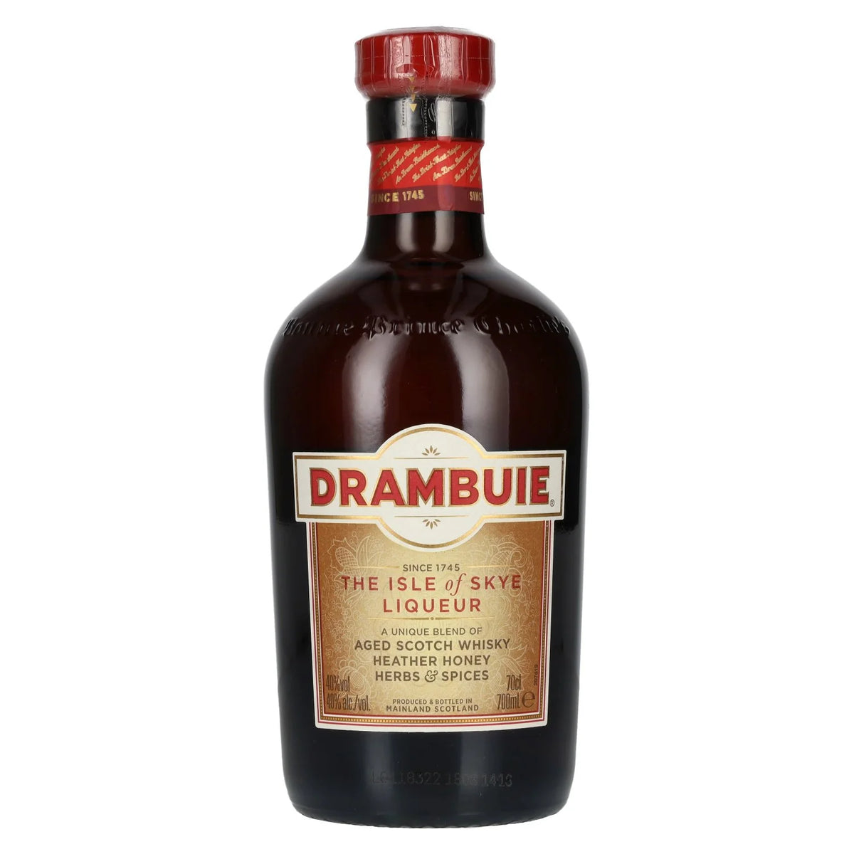 A bottle of Drambuie The Isle of Skye Liqueur on a plain white background. The bottle is made of dark amber glass with a red cap and a cream and red label.