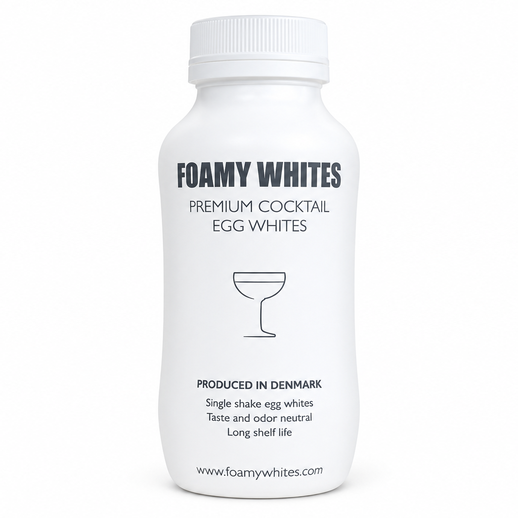 A white plastic bottle of FOAMY WHITES Premium Cocktail Egg Whites with black text and a cocktail glass icon on a white background.