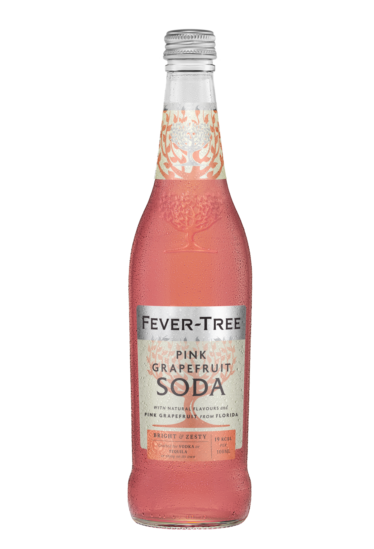A bottle of Fever-Tree Pink Grapefruit Soda on a solid white background. The glass bottle is filled with a pink beverage and features a white label with orange and black text, topped with a silver metal cap.