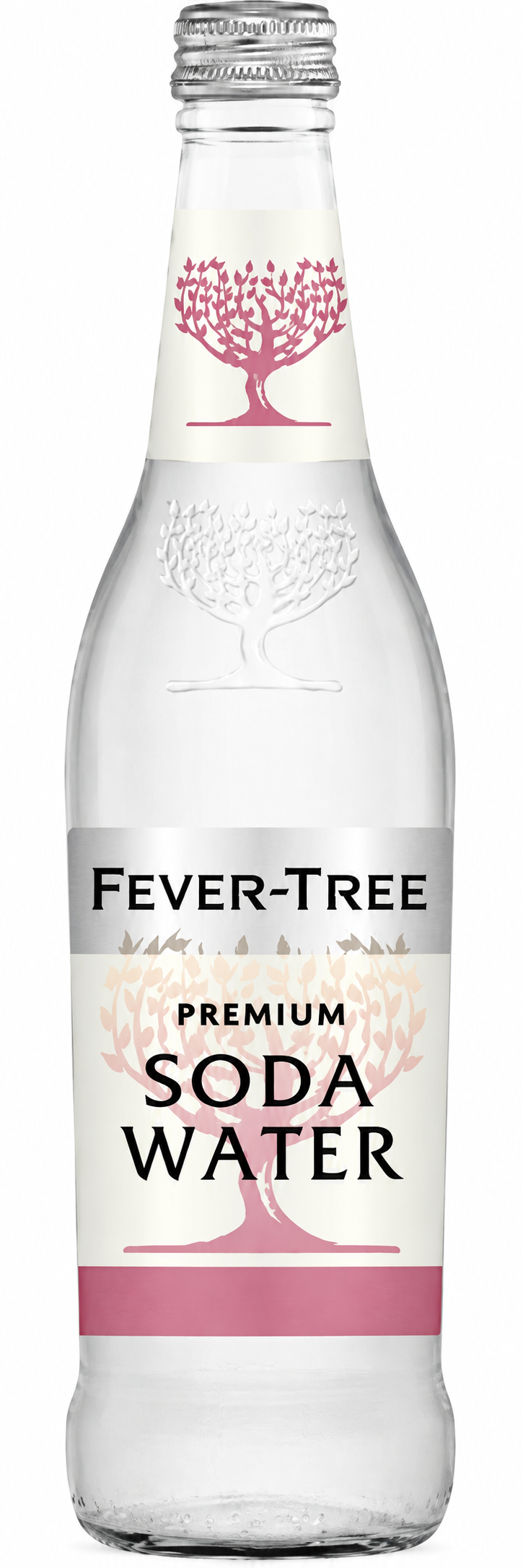 A clear glass bottle of Fever-Tree Premium Soda Water with a white label featuring a pink tree logo and black text, topped with a silver metal cap.