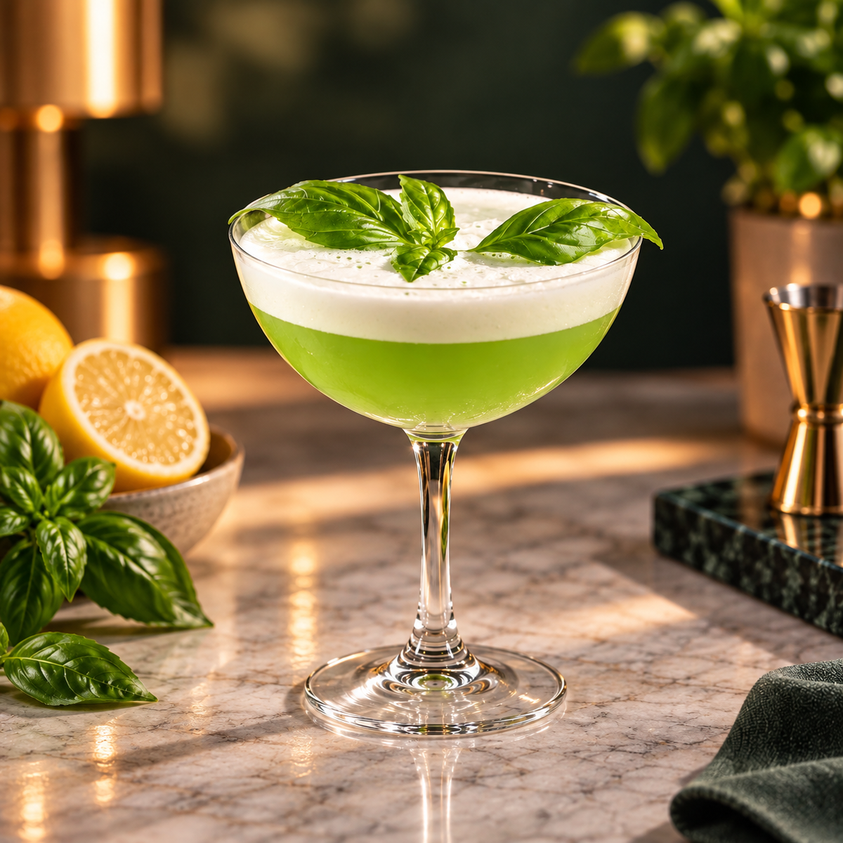 A green cocktail in a coupe glass with a thick white foam top and fresh basil leaves, set on a marble countertop with lemons, basil, and bar tools in a dimly lit bar setting.