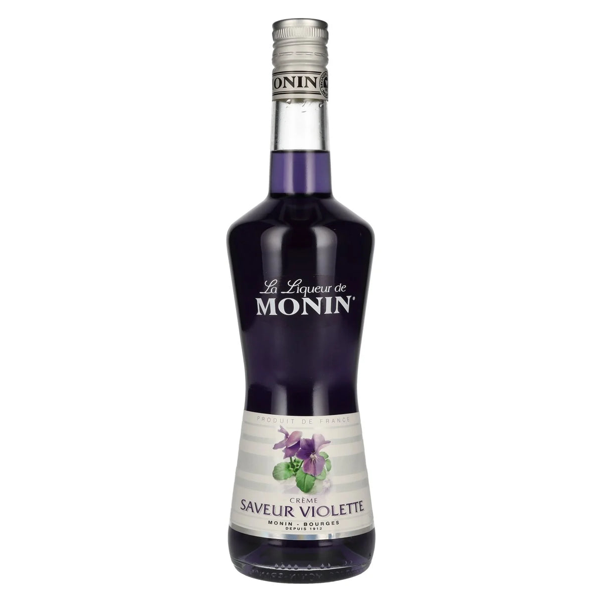 Monin Crème Saveur Violette bottle on a white background