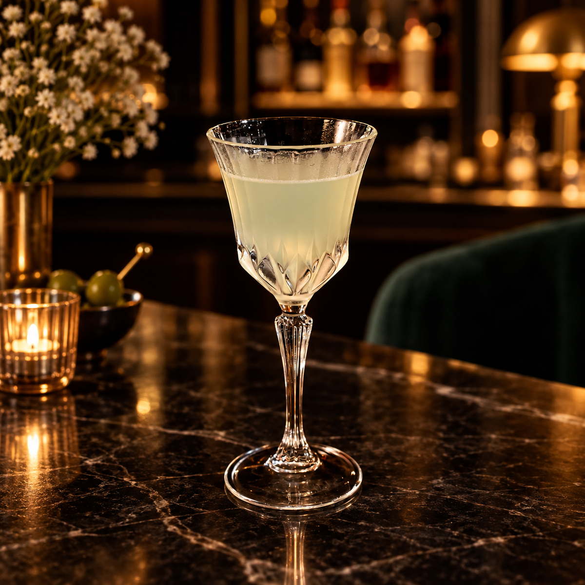 A clear cut-glass coupe-style cocktail coupe with a pale yellow drink inside, set on a dark marble bar counter in a warmly lit bar environment.