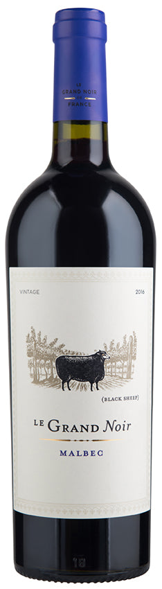 A bottle of Le Grand Noir Malbec red wine with a dark glass body, a cream-colored label featuring a black sheep illustration, and a blue foil capsule at the top.