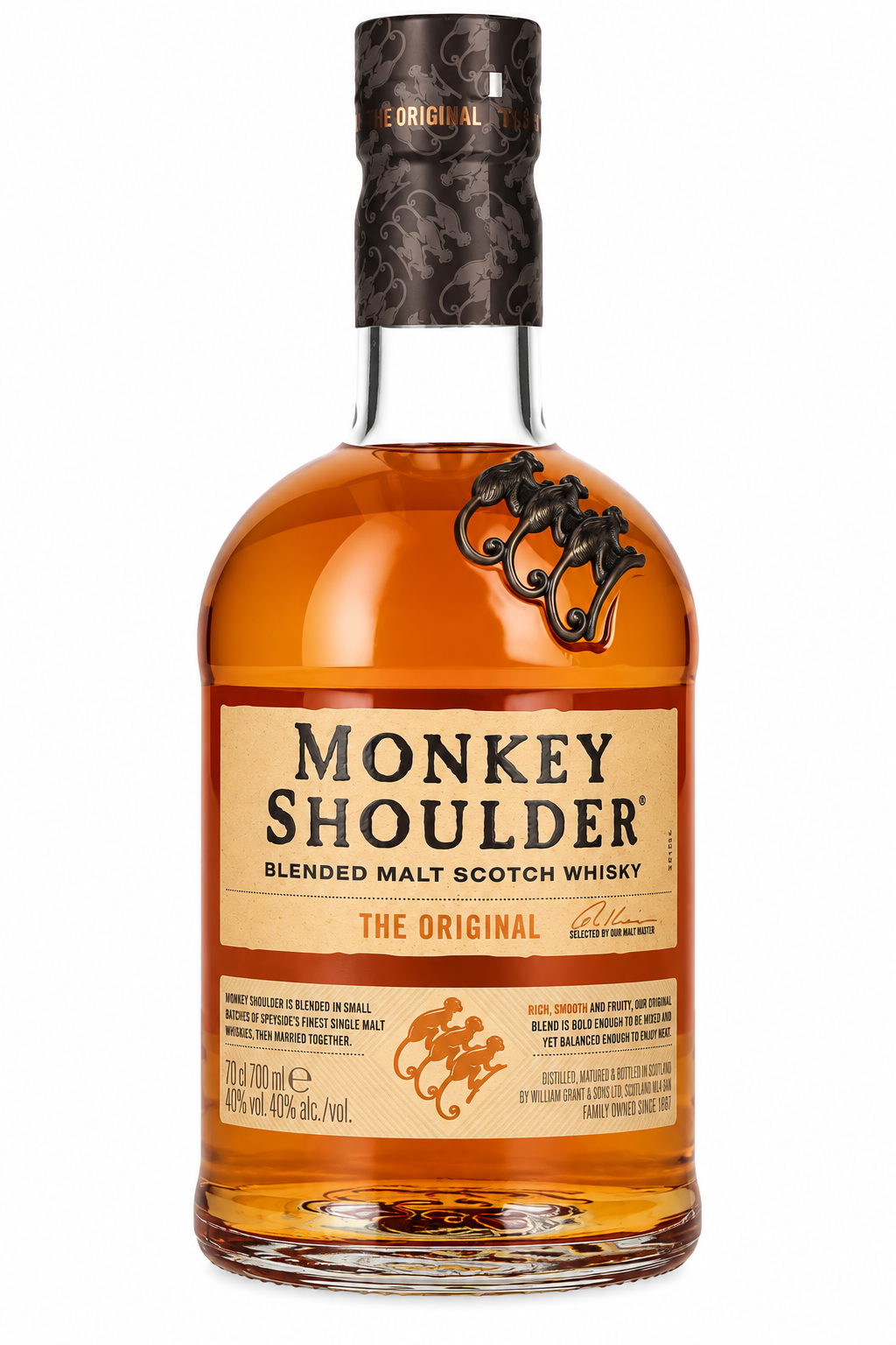 A bottle of Monkey Shoulder The Original Blended Malt Scotch Whisky, showing the amber liquid inside a clear glass bottle with a beige label and a black patterned neck wrap, set against a plain white background.