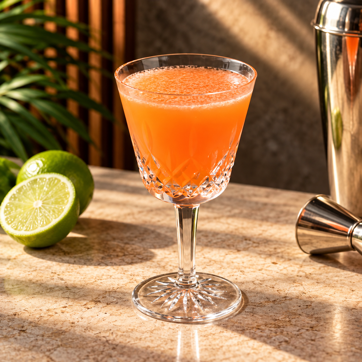 A clear cut-glass coupe cocktail glass filled with an orange-pink drink, set on a stone bar surface with limes, a metal shaker, and warm sunlight in the background.