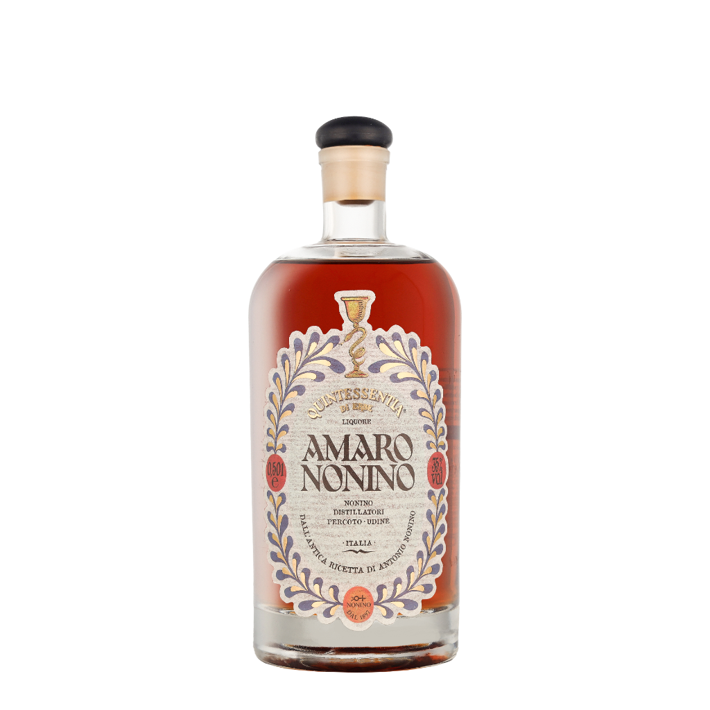 A bottle of Amaro Nonino amaro spiritoso with a cream-colored label featuring ornate blue and red detailing, filled with amber liquid, and sealed with a black cap on a white background.