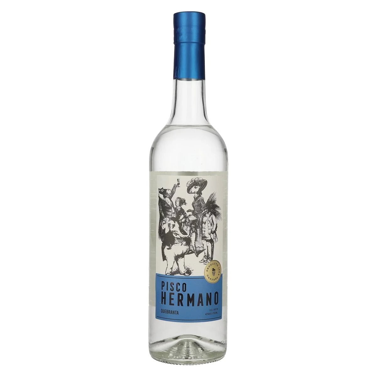 Pisco Hermano bottle with blue label on a white background