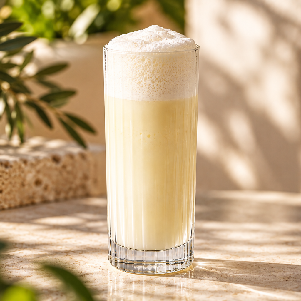 A tall clear glass filled with a pale yellow beverage topped with thick white foam, set on a sunlit stone surface with blurred greenery and warm architectural shadows in the background.