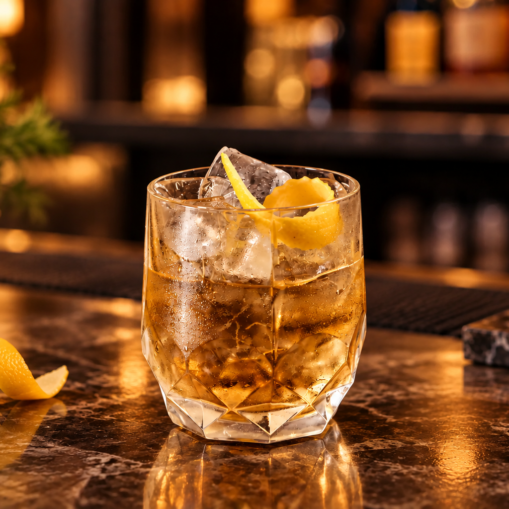 A faceted clear rocks glass filled with an amber-brown cocktail, topped with ice and a lemon twist, set on a dark marble bar counter with lemons and bar tools in a warm bar environment.