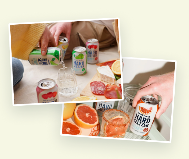 Long drink cans served with fruit and ice