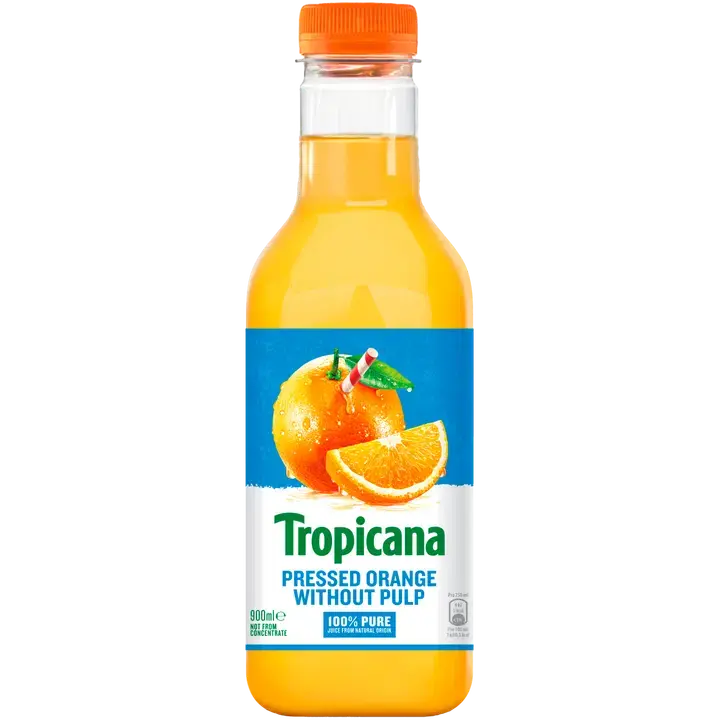 A 33cl bottle of Tropicana Pressed Orange juice with orange slices on the label, set against a plain white background.