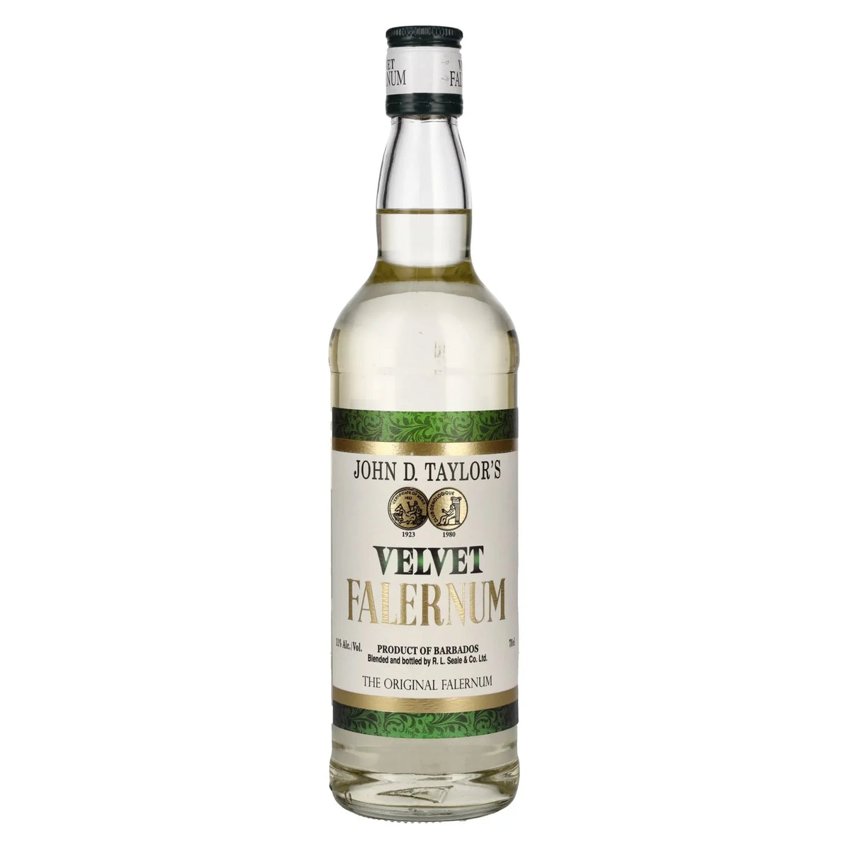 Bottle of John D. Taylor's Velvet Falernum on a white background