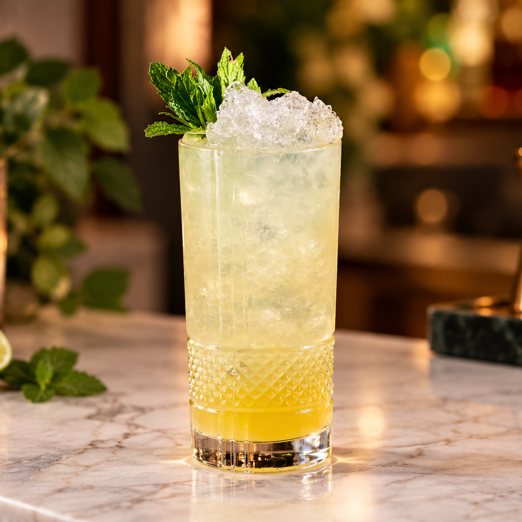 A highball glass filled with a pale yellow cocktail and topped with crushed ice, mint leaves, and a lime wheel, set on a marble bar counter in a bar environment.